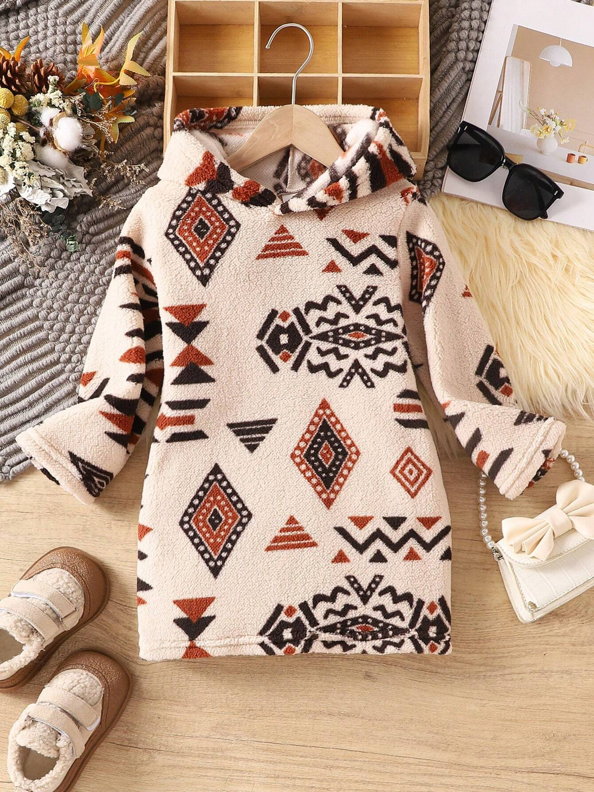 Young Girl Cozy Geometric Print Fleece Lined Long Sleeve Hoodie Dress, Comfortable Casual Autumn Winter Outdoor Outfit, Perfect Gift