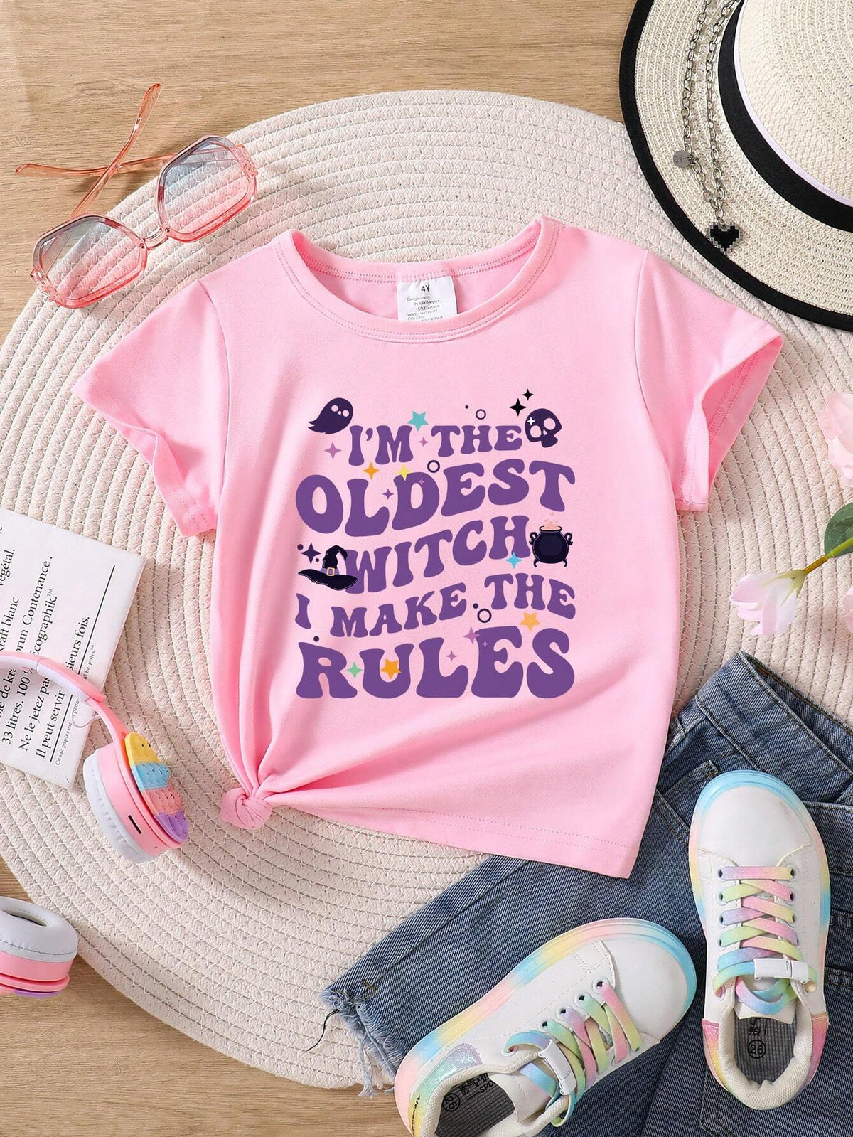 Young Girl Creative Text Print Short Sleeve T-Shirt, Summer