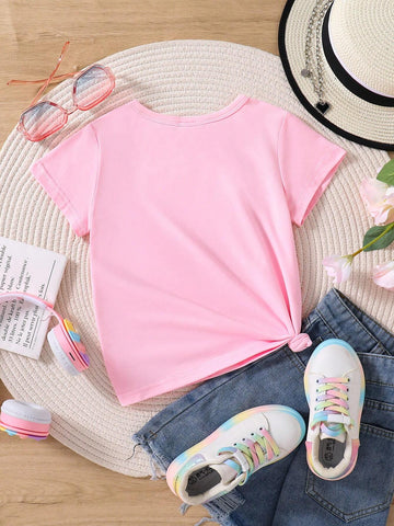 Young Girl Creative Text Print Short Sleeve T-Shirt, Summer