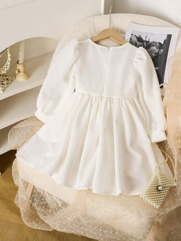 Young Girl Crew Neck Bow Decor Elegant Long Sleeve Dress