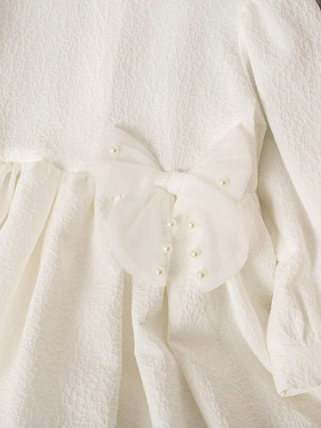 Young Girl Crew Neck Bow Decor Elegant Long Sleeve Dress