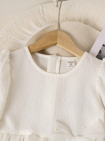 Young Girl Crew Neck Bow Decor Elegant Long Sleeve Dress