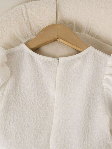 Young Girl Crew Neck Bow Decor Elegant Long Sleeve Dress