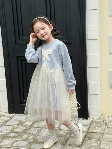 Young Girl Crew Neck Butterfly Print Mesh Patchwork Long Sleeve Dress