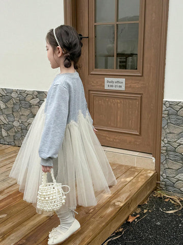 Young Girl Crew Neck Butterfly Print Mesh Patchwork Long Sleeve Dress