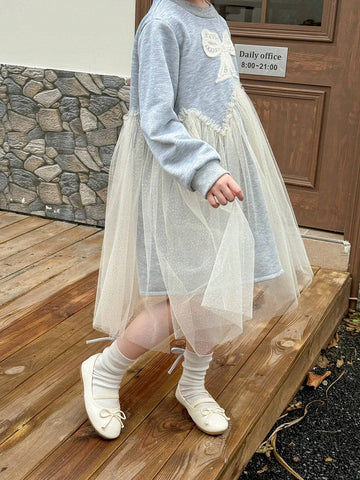 Young Girl Crew Neck Butterfly Print Mesh Patchwork Long Sleeve Dress