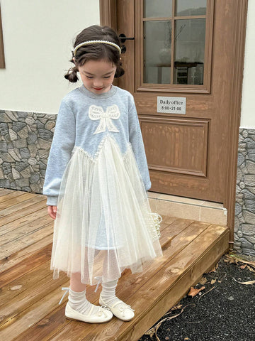 Young Girl Crew Neck Butterfly Print Mesh Patchwork Long Sleeve Dress