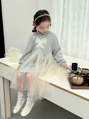 Young Girl Crew Neck Butterfly Print Mesh Patchwork Long Sleeve Dress