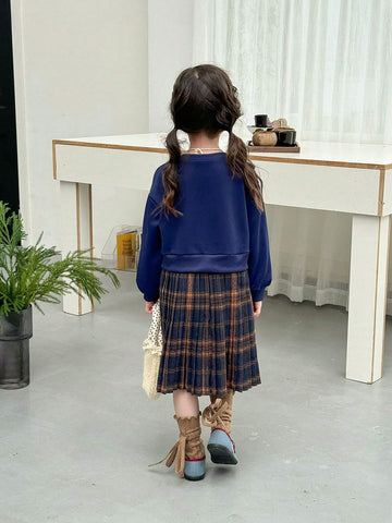 Young Girl Crew Neck Drop Shoulder Long Sleeve Plaid Patchwork Pleated Hem Dress, Autumn