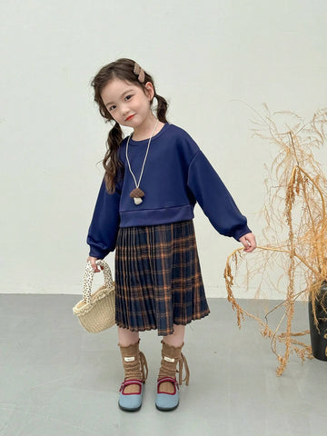 Young Girl Crew Neck Drop Shoulder Long Sleeve Plaid Patchwork Pleated Hem Dress, Autumn