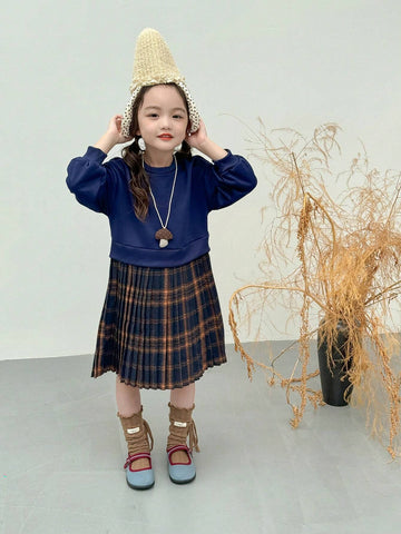 Young Girl Crew Neck Drop Shoulder Long Sleeve Plaid Patchwork Pleated Hem Dress, Autumn