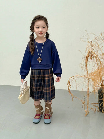 Young Girl Crew Neck Drop Shoulder Long Sleeve Plaid Patchwork Pleated Hem Dress, Autumn