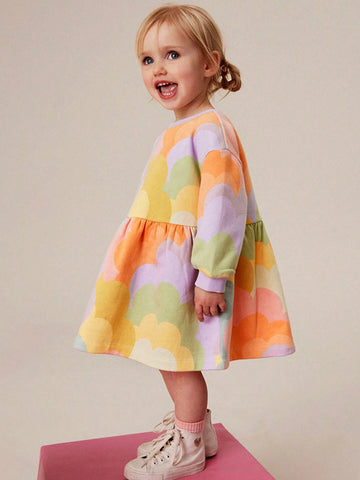 Young Girl Crew Neck Printed Casual Dress, Spring And Autumn