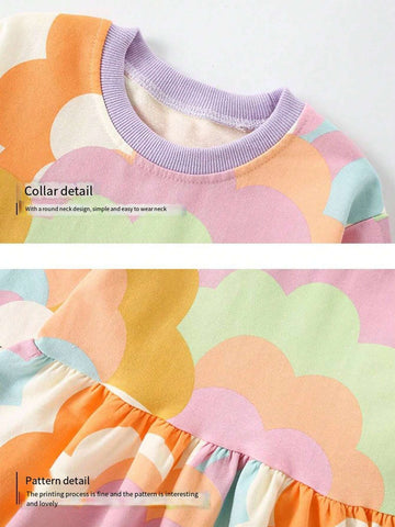 Young Girl Crew Neck Printed Casual Dress, Spring And Autumn