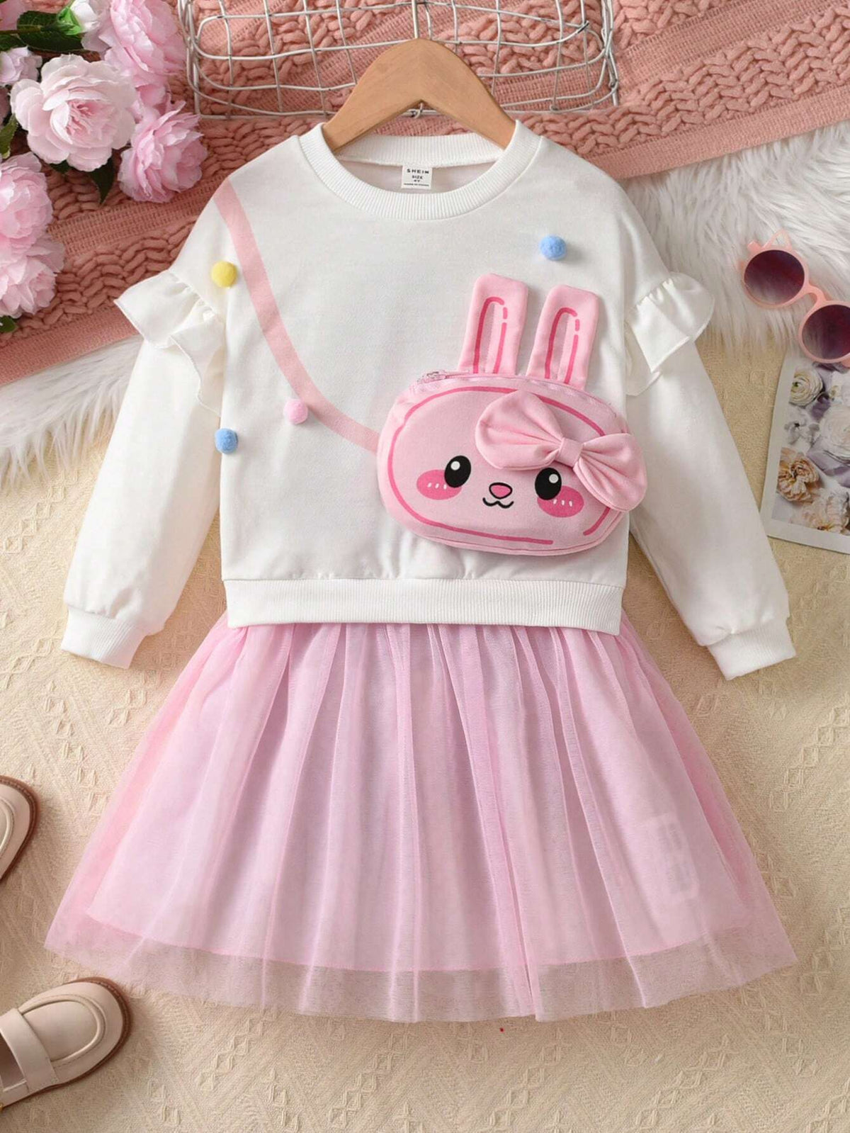 Young Girl Cute 3D Pom-Pom Sweatshirt Dress, Colorful Mesh Hem Long Sleeve Pullover Dress