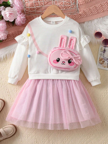 Young Girl Cute 3D Pom-Pom Sweatshirt Dress, Colorful Mesh Hem Long Sleeve Pullover Dress