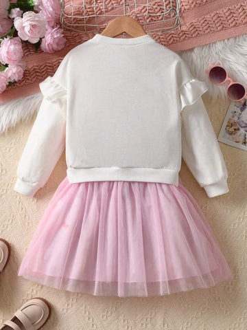 Young Girl Cute 3D Pom-Pom Sweatshirt Dress, Colorful Mesh Hem Long Sleeve Pullover Dress