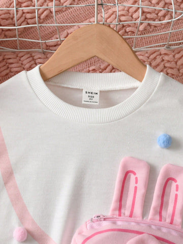 Young Girl Cute 3D Pom-Pom Sweatshirt Dress, Colorful Mesh Hem Long Sleeve Pullover Dress