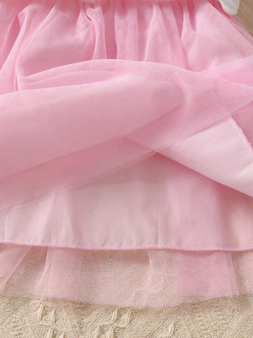 Young Girl Cute 3D Pom-Pom Sweatshirt Dress, Colorful Mesh Hem Long Sleeve Pullover Dress