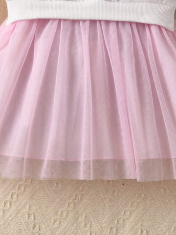 Young Girl Cute 3D Pom-Pom Sweatshirt Dress, Colorful Mesh Hem Long Sleeve Pullover Dress