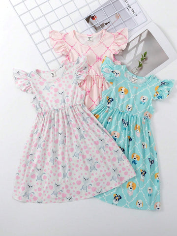 Young Girl Cute And Lovely Casual Digital Printing Kitten And Puppy Pattern Dress, Summer Children Season