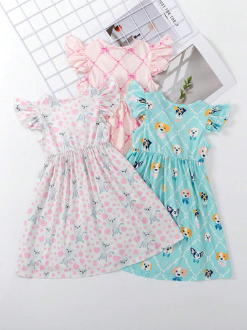 Young Girl Cute And Lovely Casual Digital Printing Kitten And Puppy Pattern Dress, Summer Children Season