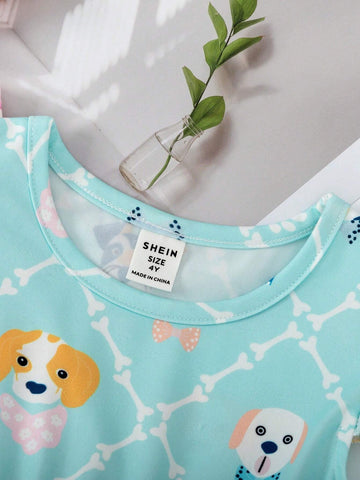 Young Girl Cute And Lovely Casual Digital Printing Kitten And Puppy Pattern Dress, Summer Children Season