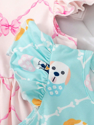 Young Girl Cute And Lovely Casual Digital Printing Kitten And Puppy Pattern Dress, Summer Children Season