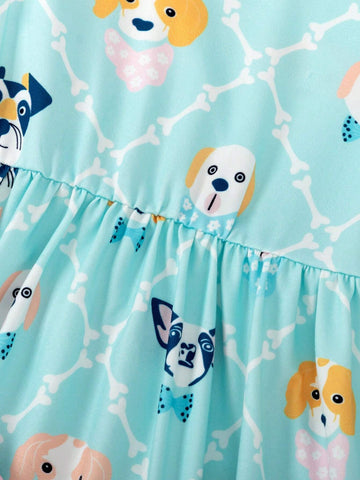 Young Girl Cute And Lovely Casual Digital Printing Kitten And Puppy Pattern Dress, Summer Children Season