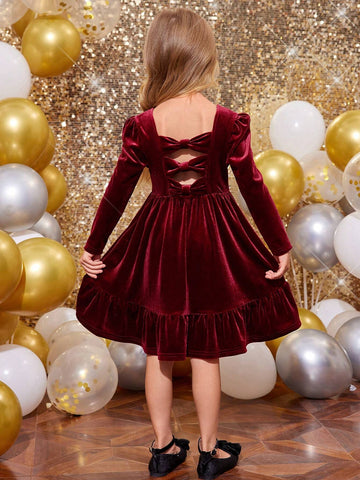 Young Girl Cute Back 3D Bowknot Decoration Dress, Casual Simple Elegant Dress, Suitable For Autumn And Winter,For Christmas,Party Wear,Birthday Dress