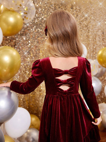 Young Girl Cute Back 3D Bowknot Decoration Dress, Casual Simple Elegant Dress, Suitable For Autumn And Winter,For Christmas,Party Wear,Birthday Dress