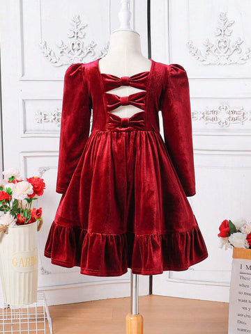 Young Girl Cute Back 3D Bowknot Decoration Dress, Casual Simple Elegant Dress, Suitable For Autumn And Winter,For Christmas,Party Wear,Birthday Dress