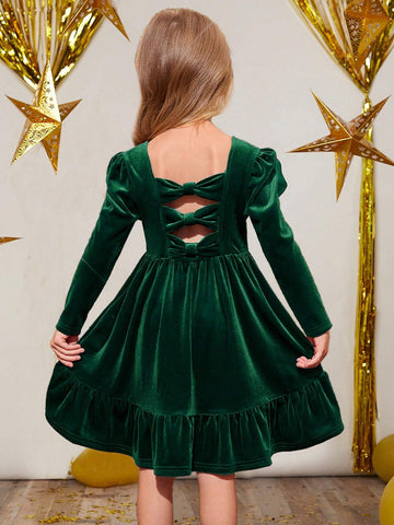 Young Girl Cute Back 3D Bowknot Decoration Velvet Dress , Casual Simple Elegant Dress, Suitable For Autumn And Winter