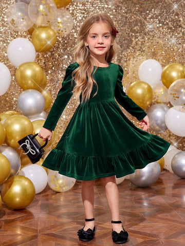Young Girl Cute Back 3D Bowknot Decoration Velvet Dress , Casual Simple Elegant Dress, Suitable For Autumn And Winter