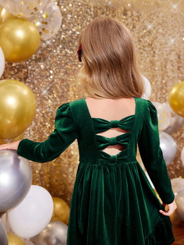 Young Girl Cute Back 3D Bowknot Decoration Velvet Dress , Casual Simple Elegant Dress, Suitable For Autumn And Winter
