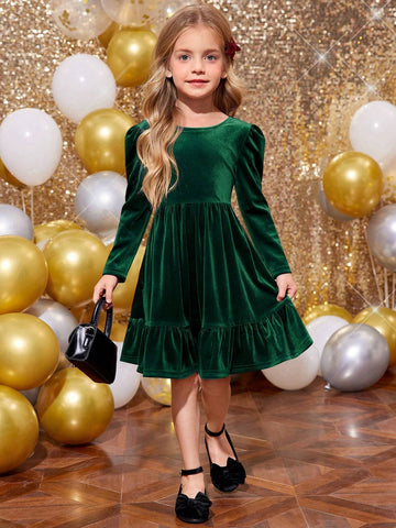 Young Girl Cute Back 3D Bowknot Decoration Velvet Dress , Casual Simple Elegant Dress, Suitable For Autumn And Winter