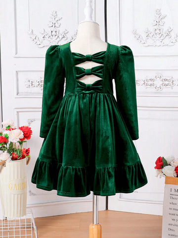 Young Girl Cute Back 3D Bowknot Decoration Velvet Dress , Casual Simple Elegant Dress, Suitable For Autumn And Winter