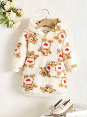 Young Girl' Cute Bear & Heart Print Hooded Sweatshirt, Soft & Warm, Matching Bear Design Bag For Stylish Winter Outfit