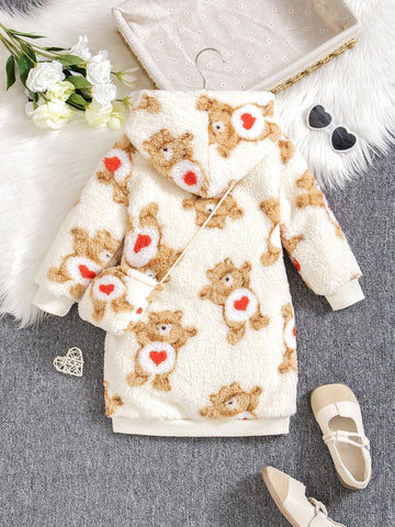 Young Girl' Cute Bear & Heart Print Hooded Sweatshirt, Soft & Warm, Matching Bear Design Bag For Stylish Winter Outfit