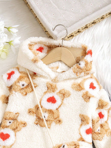 Young Girl' Cute Bear & Heart Print Hooded Sweatshirt, Soft & Warm, Matching Bear Design Bag For Stylish Winter Outfit