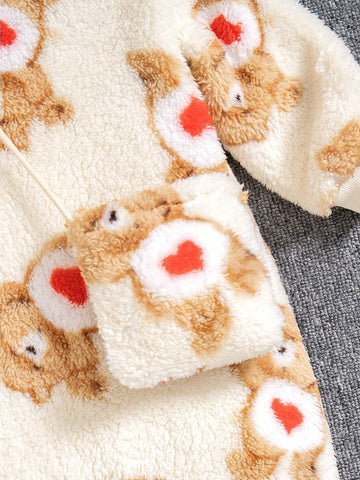 Young Girl' Cute Bear & Heart Print Hooded Sweatshirt, Soft & Warm, Matching Bear Design Bag For Stylish Winter Outfit