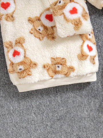 Young Girl' Cute Bear & Heart Print Hooded Sweatshirt, Soft & Warm, Matching Bear Design Bag For Stylish Winter Outfit