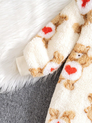 Young Girl' Cute Bear & Heart Print Hooded Sweatshirt, Soft & Warm, Matching Bear Design Bag For Stylish Winter Outfit