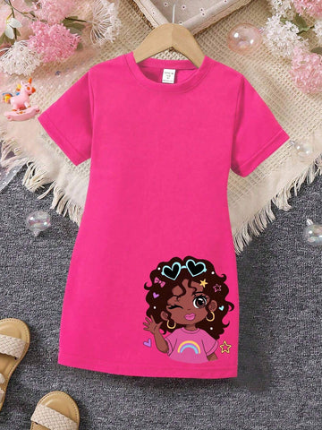 Young Girl Cute Bow Graphic Print Short Sleeve T-Shirt Dress