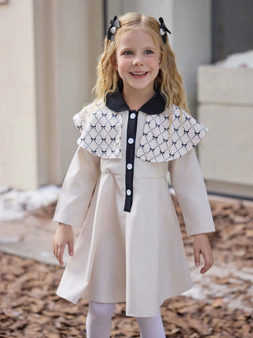 Young Girl Cute Bow Print Khaki Long Sleeve White Button Casual Dress, Fashion Sibling Outfits, Matching Outfits (2 Pieces Sold Separately)
