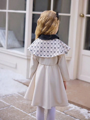 Young Girl Cute Bow Print Khaki Long Sleeve White Button Casual Dress, Fashion Sibling Outfits, Matching Outfits (2 Pieces Sold Separately)