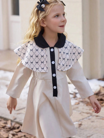 Young Girl Cute Bow Print Khaki Long Sleeve White Button Casual Dress, Fashion Sibling Outfits, Matching Outfits (2 Pieces Sold Separately)