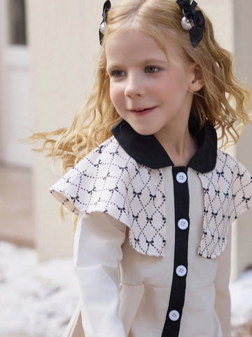 Young Girl Cute Bow Print Khaki Long Sleeve White Button Casual Dress, Fashion Sibling Outfits, Matching Outfits (2 Pieces Sold Separately)