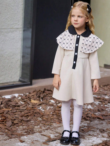 Young Girl Cute Bow Print Khaki Long Sleeve White Button Casual Dress, Fashion Sibling Outfits, Matching Outfits (2 Pieces Sold Separately)