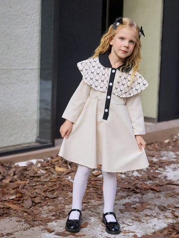 Young Girl Cute Bow Print Khaki Long Sleeve White Button Casual Dress, Fashion Sibling Outfits, Matching Outfits (2 Pieces Sold Separately)